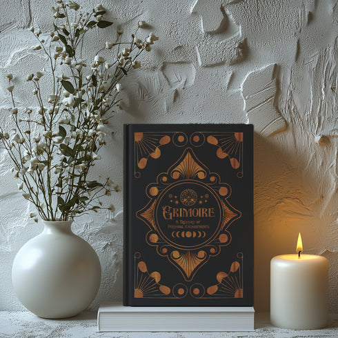 Luxurious black Grimoire with golden celestial patterns. Front reads "GRIMOIRE: A Treasury of Personal Enchantments". Back features mystical poem